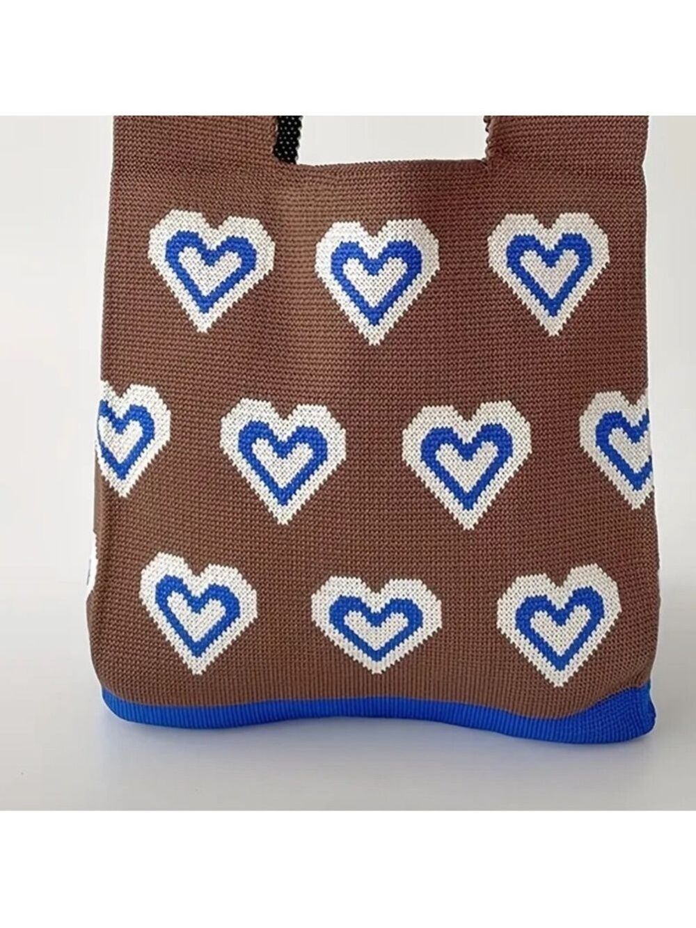 Heavy Woven Knit Heart Pattern Tote Purse Bag Japanese Knot Closure Style - Picture 4 of 6